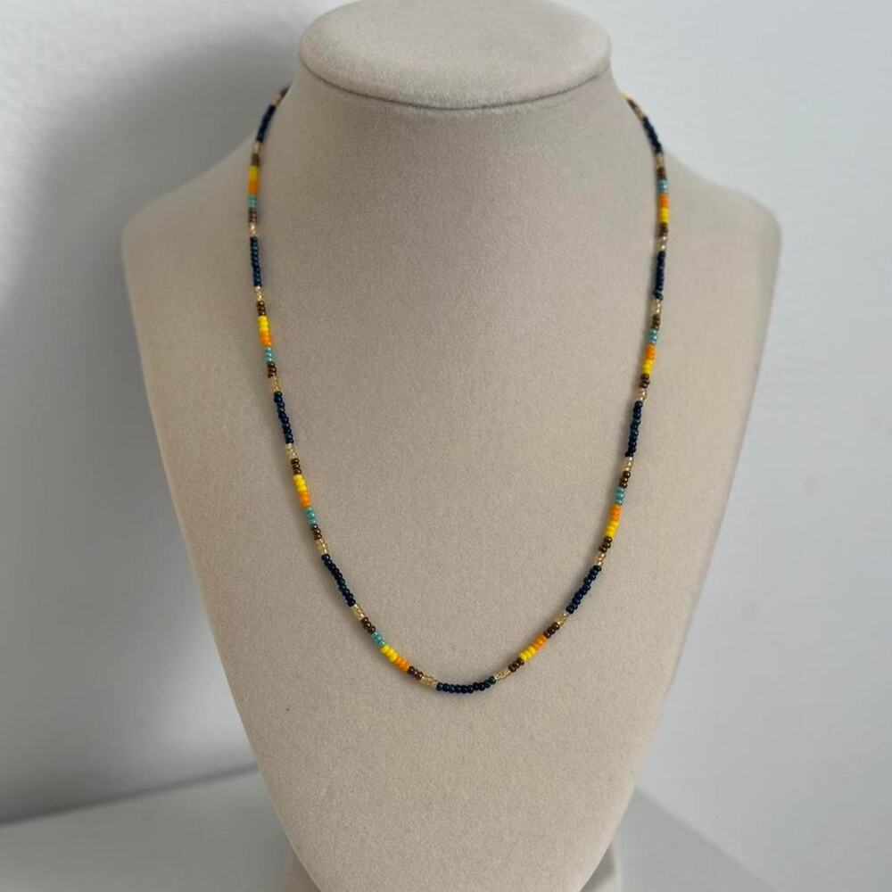 Yellow Blue Beaded Necklace Handmade Colorful Jewelry Unique Artisan Gift - Picture 4 of 4